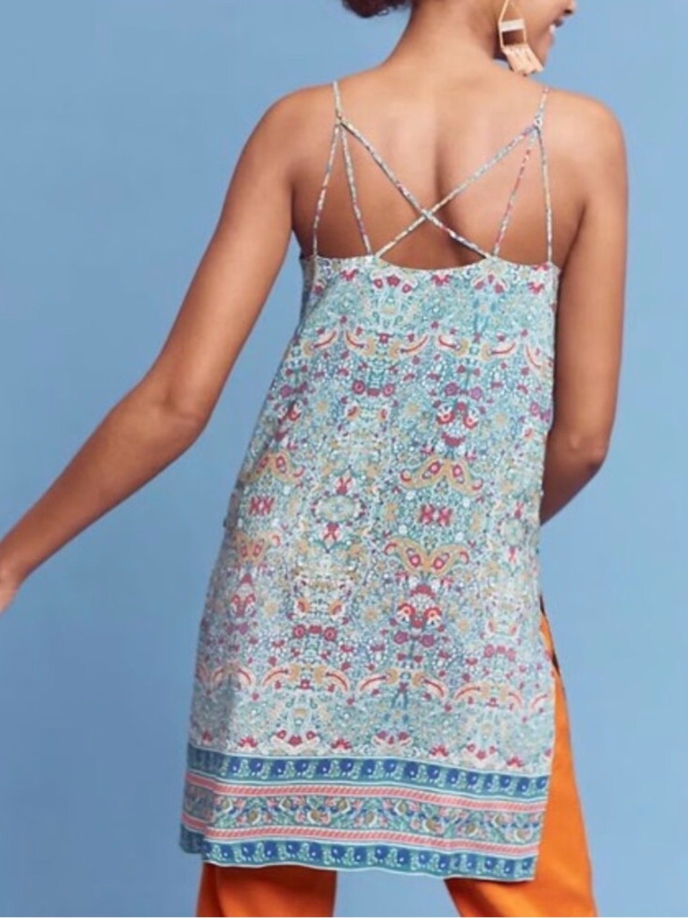 Anthropologie Maeve Green Printed Strappy Tunic Dress Size 4 Silk